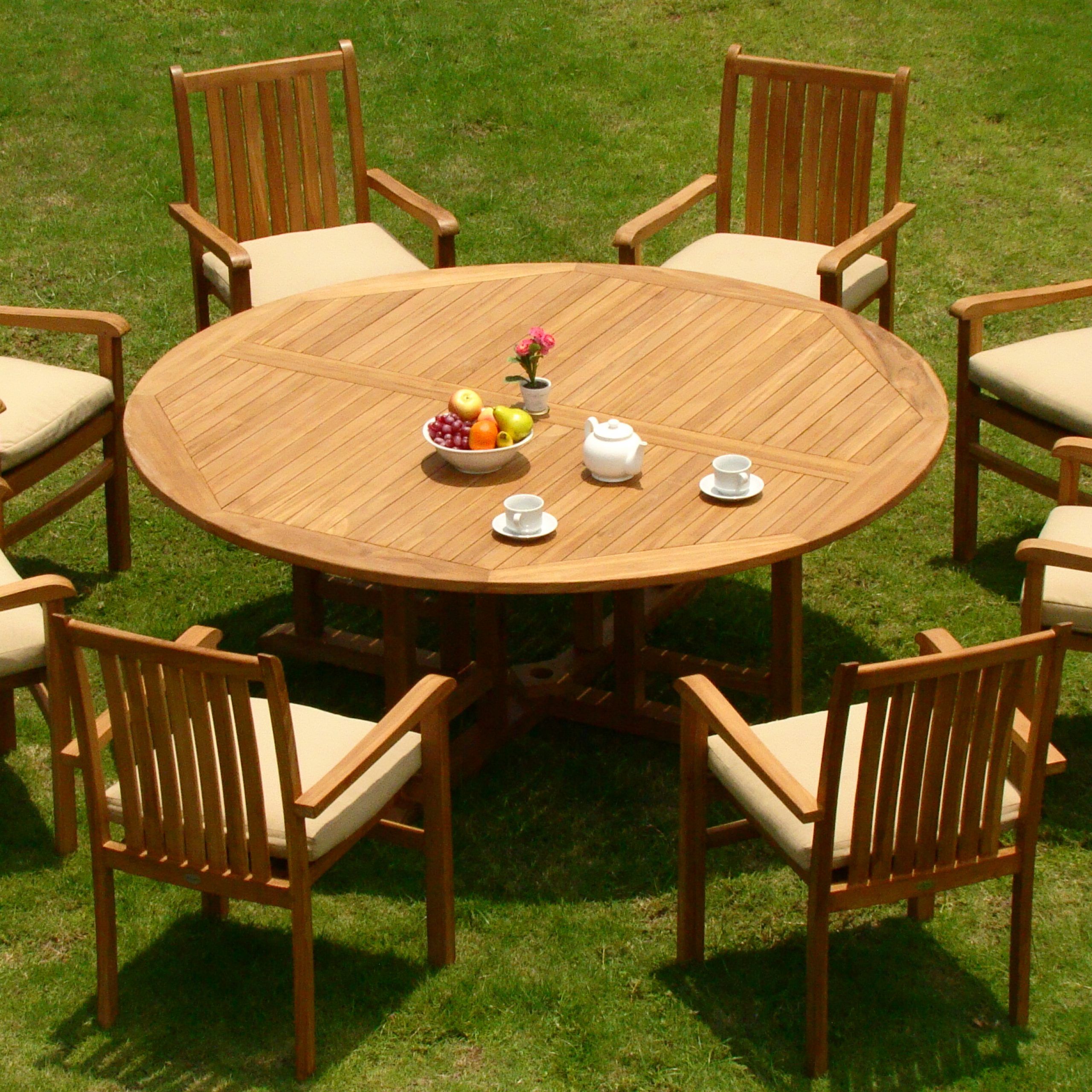 Teak Dining Set:8 Seater 9 Pc  72" Round Table And 8 Cahyo Stacking Arm Throughout Teak Outdoor Loungers Sets (View 9 of 15)