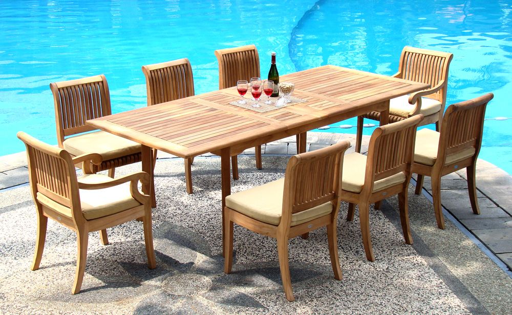 Teak Dining Set:8 Seater 9 Pc – 94" Double Extension Rectangle Table Inside Teak Wood Rectangular Patio Dining Sets (View 8 of 15)