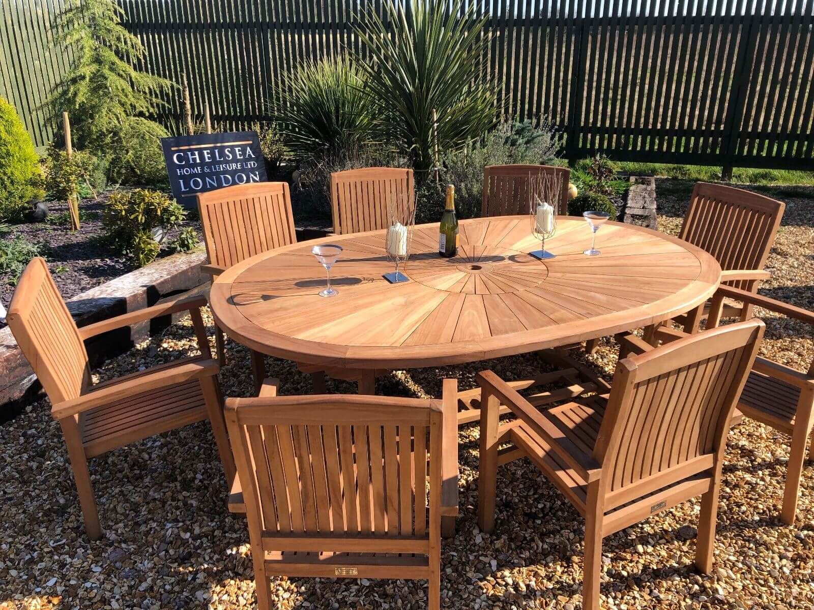 Teak Garden Furniture Premium Oval Table With 8 Teak Stacking Chairs Inside Teak Wicker Outdoor Dining Sets (View 6 of 15)