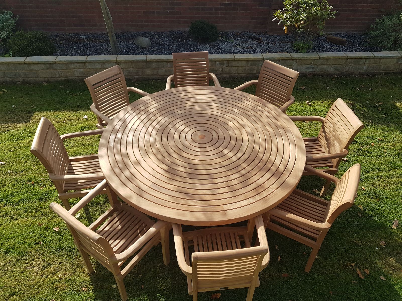 Teak Garden Furniture Round Table With 8 Stacking Chairs – Chelsea Home Intended For Teak Armchair Round Patio Dining Sets (View 11 of 15)