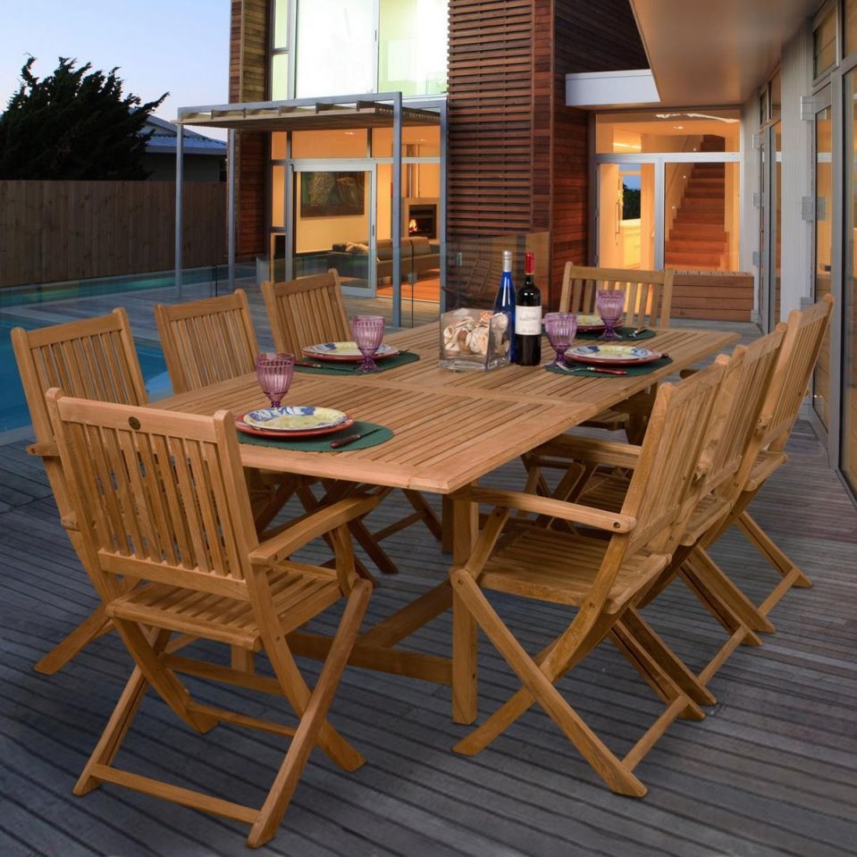 Teak Hamburg 9 Piece Teak Patio Dining Set With 67 X 39 Inch Pertaining To Rectangular Outdoor Patio Dining Sets (View 11 of 15)