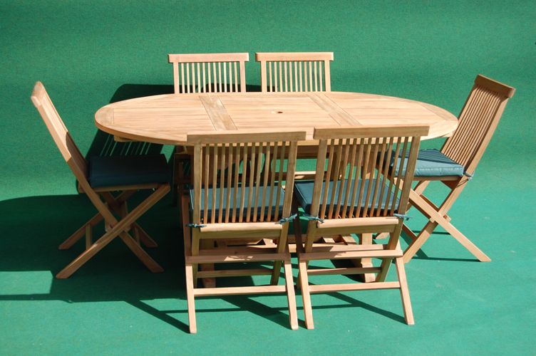 Teak Round Extending Table And Folding Chair Set – Garden Teak Intended For Teak Outdoor Folding Chairs Sets (View 15 of 15)