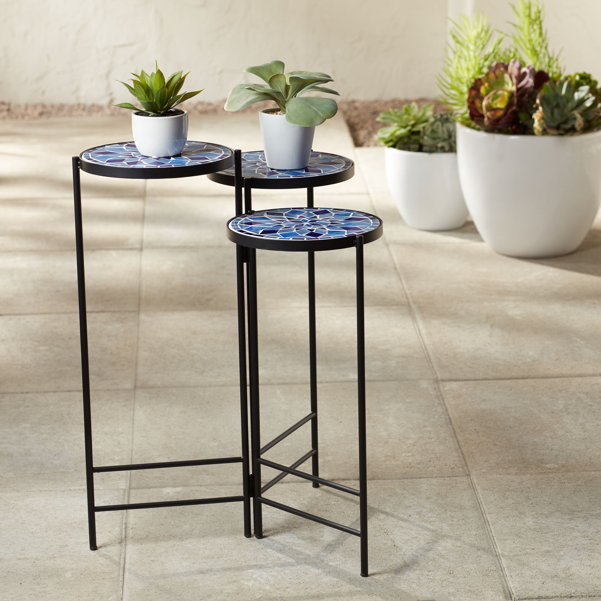 Teal Island Designs Blue Mosaic Black Iron Set Of 3 Accent Tables Within Mosaic Black Iron Outdoor Accent Tables (View 9 of 15)