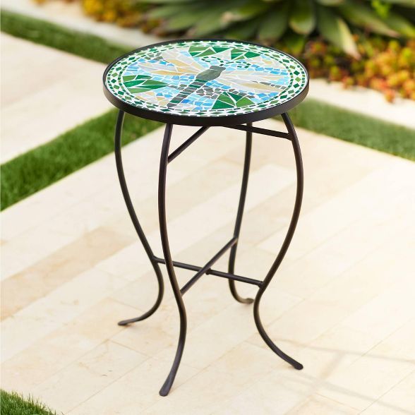 Teal Island Designs Dragonfly Mosaic Black Iron Outdoor Accent Table In With Regard To Mosaic Black Iron Outdoor Accent Tables (View 10 of 15)