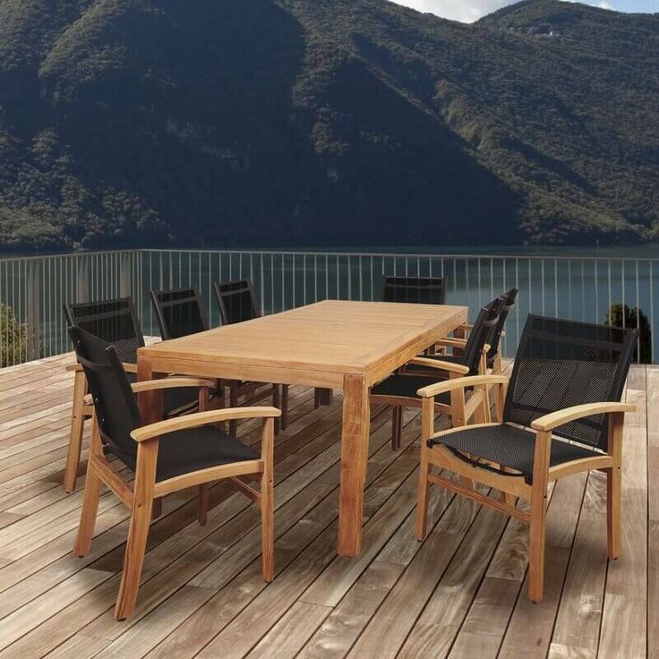 Terrace 9 Piece Teak Dining Set With Black Sling Chair In 2021 | Patio Regarding Teak Outdoor Square Dining Sets (View 12 of 15)