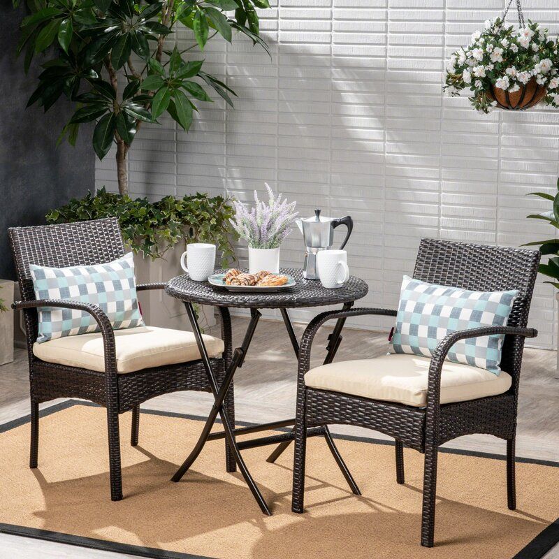 Three Posts™ Dereham Outdoor 3 Piece Bistro Set With Cushions & Reviews Throughout 3 Piece Patio Bistro Sets (View 12 of 15)