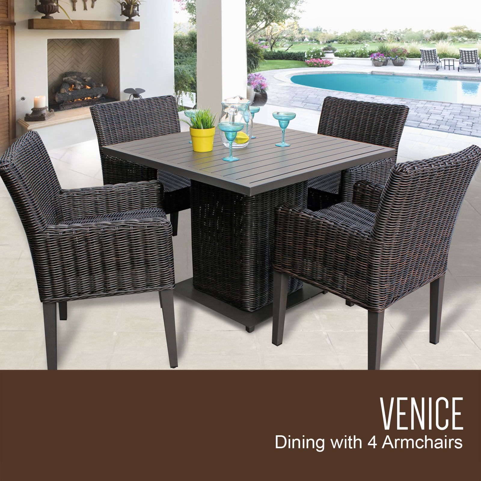 Tkc Venice Square Outdoor Patio Dining Table With 4 Chairs, Chestnut For Armless Square Dining Sets (View 1 of 15)