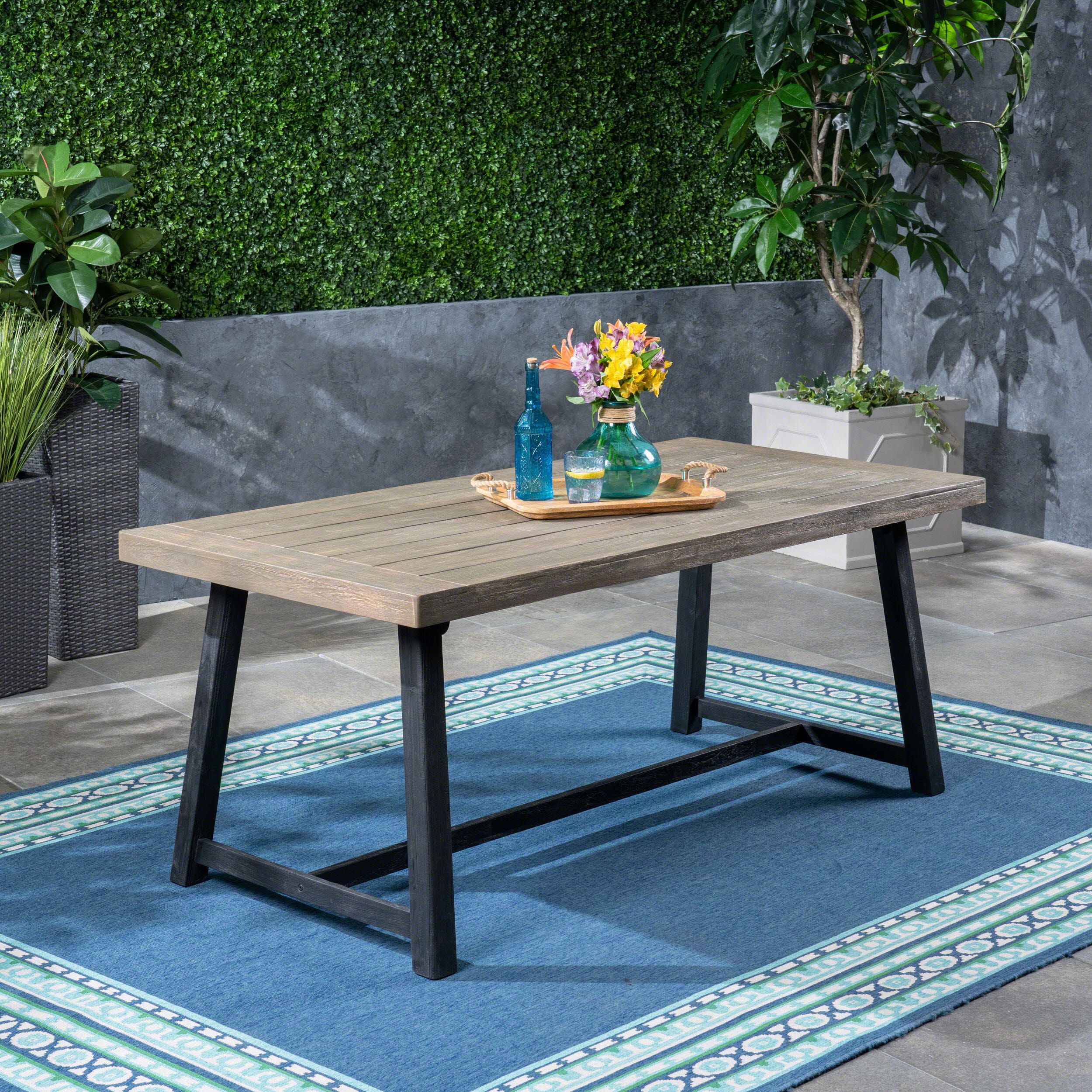 Toby Outdoor Acacia Wood Dining Table, Sandblast Gray Finish And Black For Black And Gray Outdoor Table And Chair Sets (View 13 of 15)