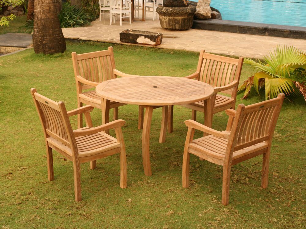 Tortuga Outdoor Teak Furniture 5 Piece Dining Set Round Table 4 Arm Throughout Teak Armchair Round Patio Dining Sets (View 4 of 15)