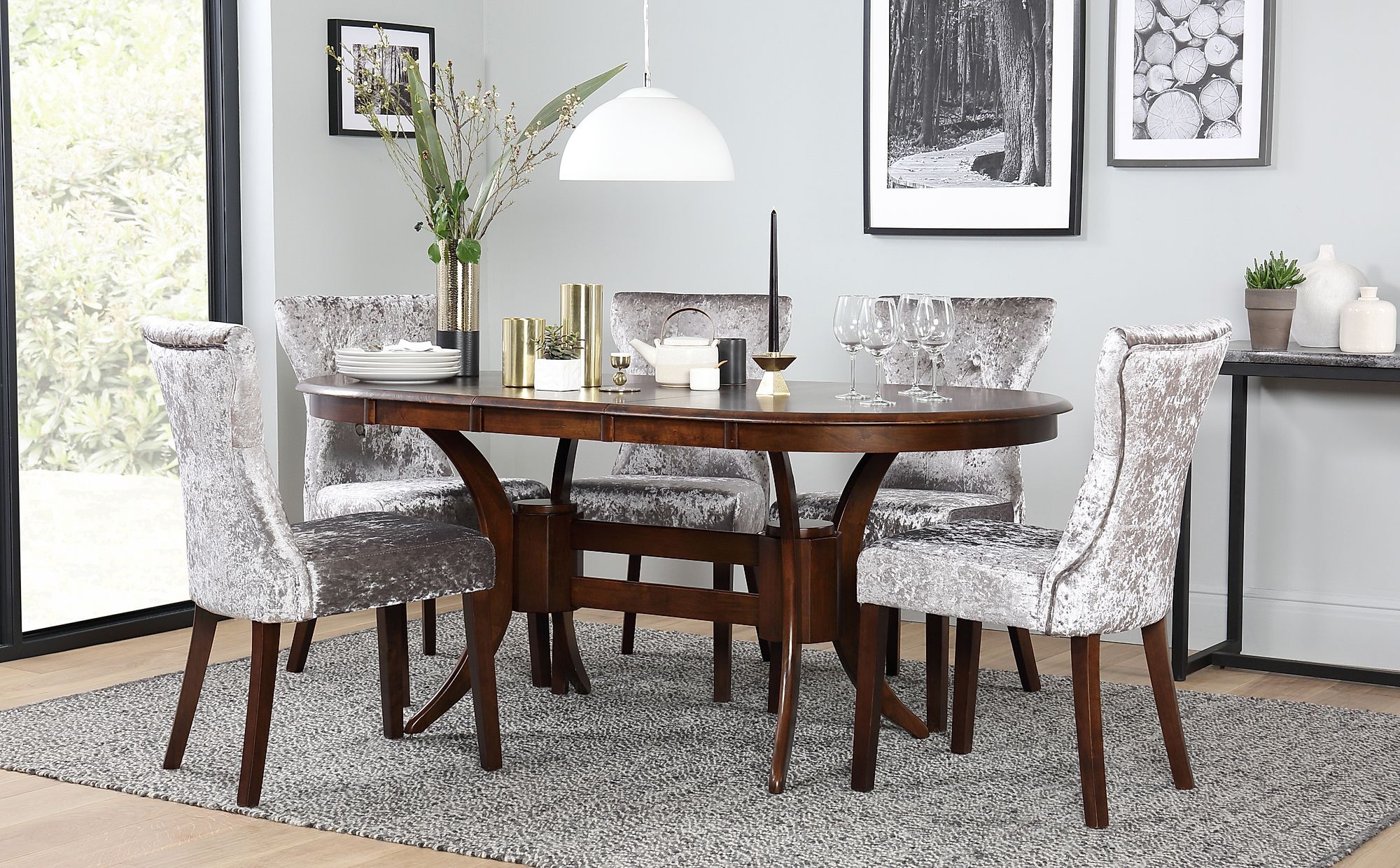 Townhouse Oval Dark Wood Extending Dining Table With 4 Bewley Silver With Regard To Extendable Oval Dining Sets (View 9 of 15)