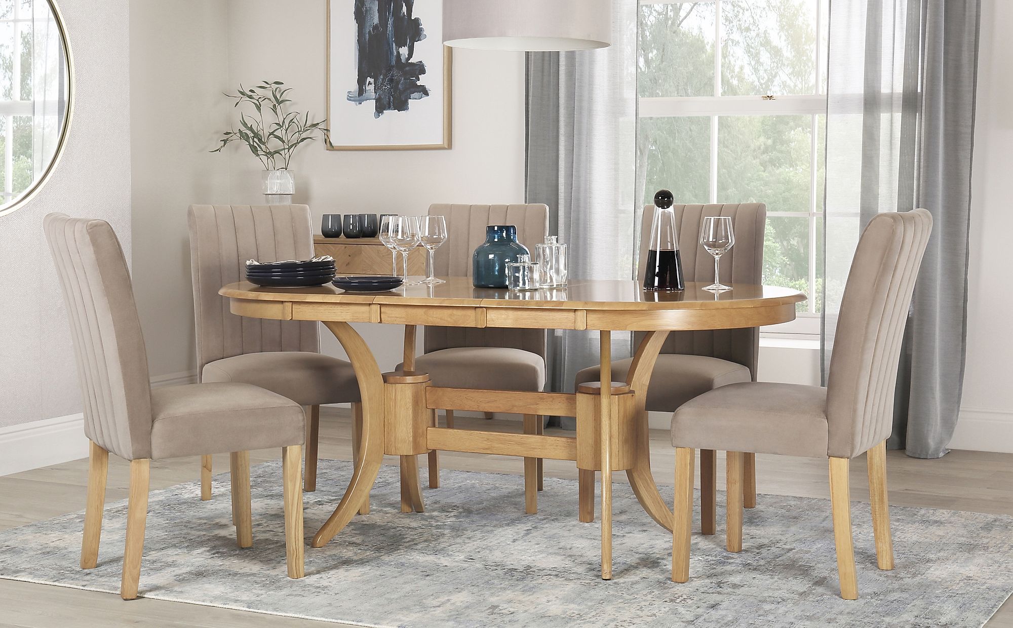 Townhouse Oval Oak Extending Dining Table With 6 Salisbury Mink Velvet Regarding Extendable Oval Dining Sets (View 7 of 15)