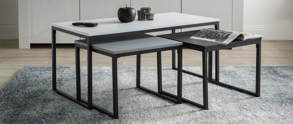 Trioz Set Of 3 Lacquered Nesting Coffee Tables In Black, Grey And White Intended For Gray Wood Outdoor Nesting Coffee Tables (View 15 of 15)
