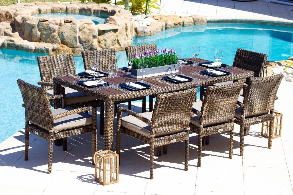 Tuscany 9 Piece Outdoor Dining Table Set In Brown | Outdoor Dining Within Brown 9 Piece Outdoor Dining Sets (View 8 of 15)