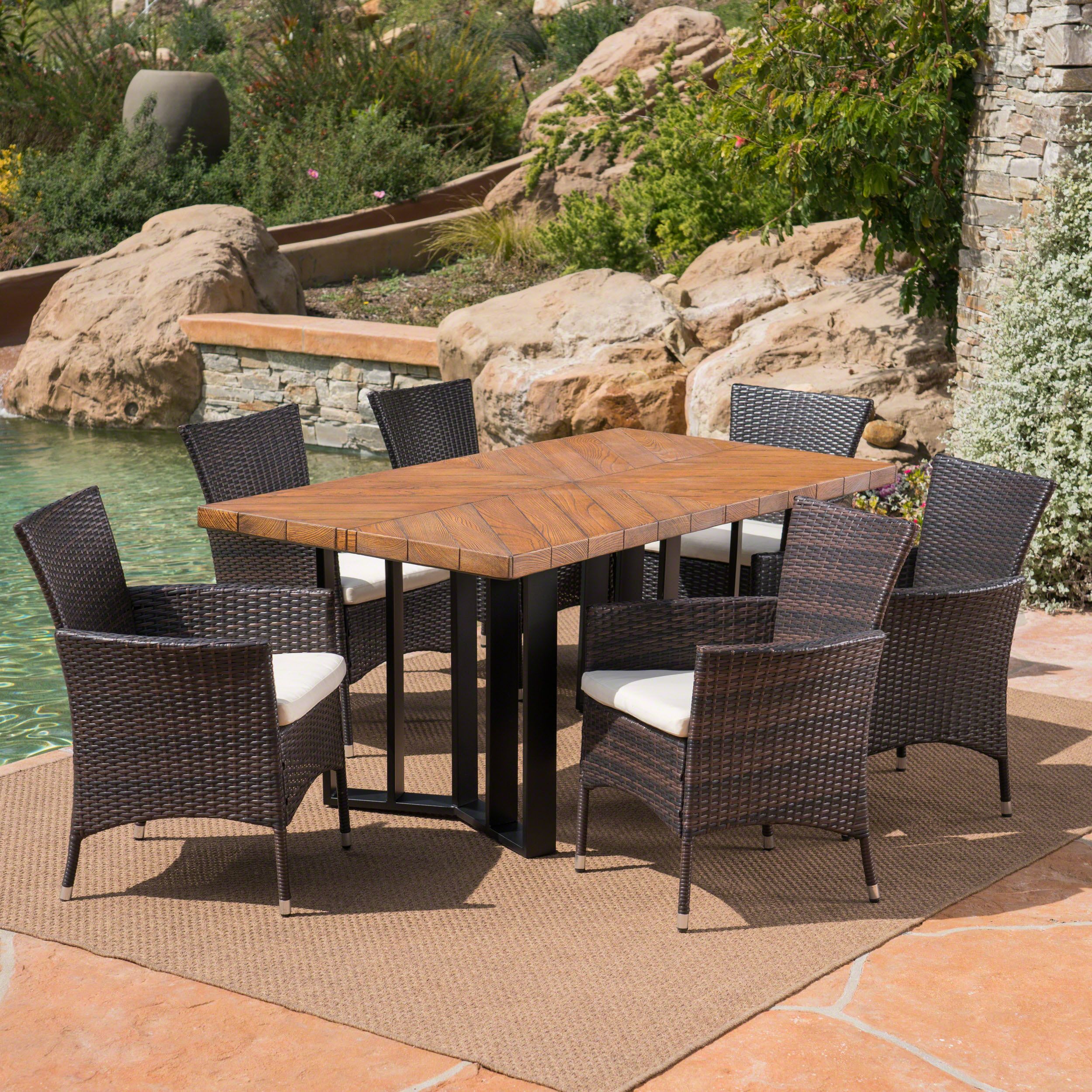 Tyler Outdoor 7 Piece Wicker Dining Set With Finish Light Weight For Patio Dining Sets With Cushions (View 6 of 15)