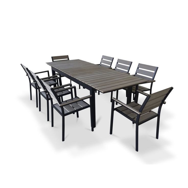 Urban Furnishing Grey Composite Wood Extendable Outdoor Patio 9 Piece Within Gray Wicker Extendable Patio Dining Sets (View 4 of 15)