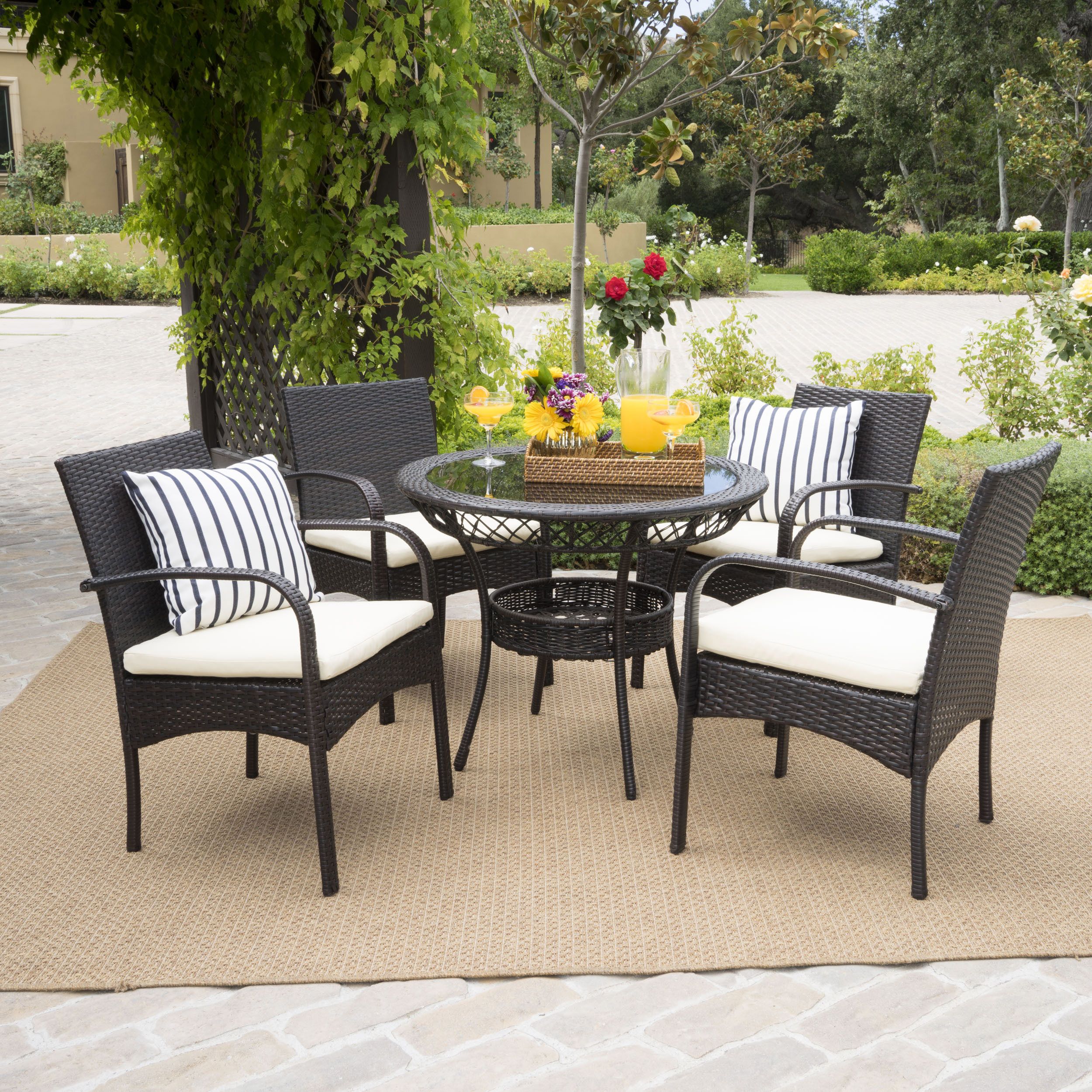 Venetian 5 Piece Outdoor Round Glass Top Wicker Dining Set With For 5 Piece Round Patio Dining Sets (View 7 of 15)