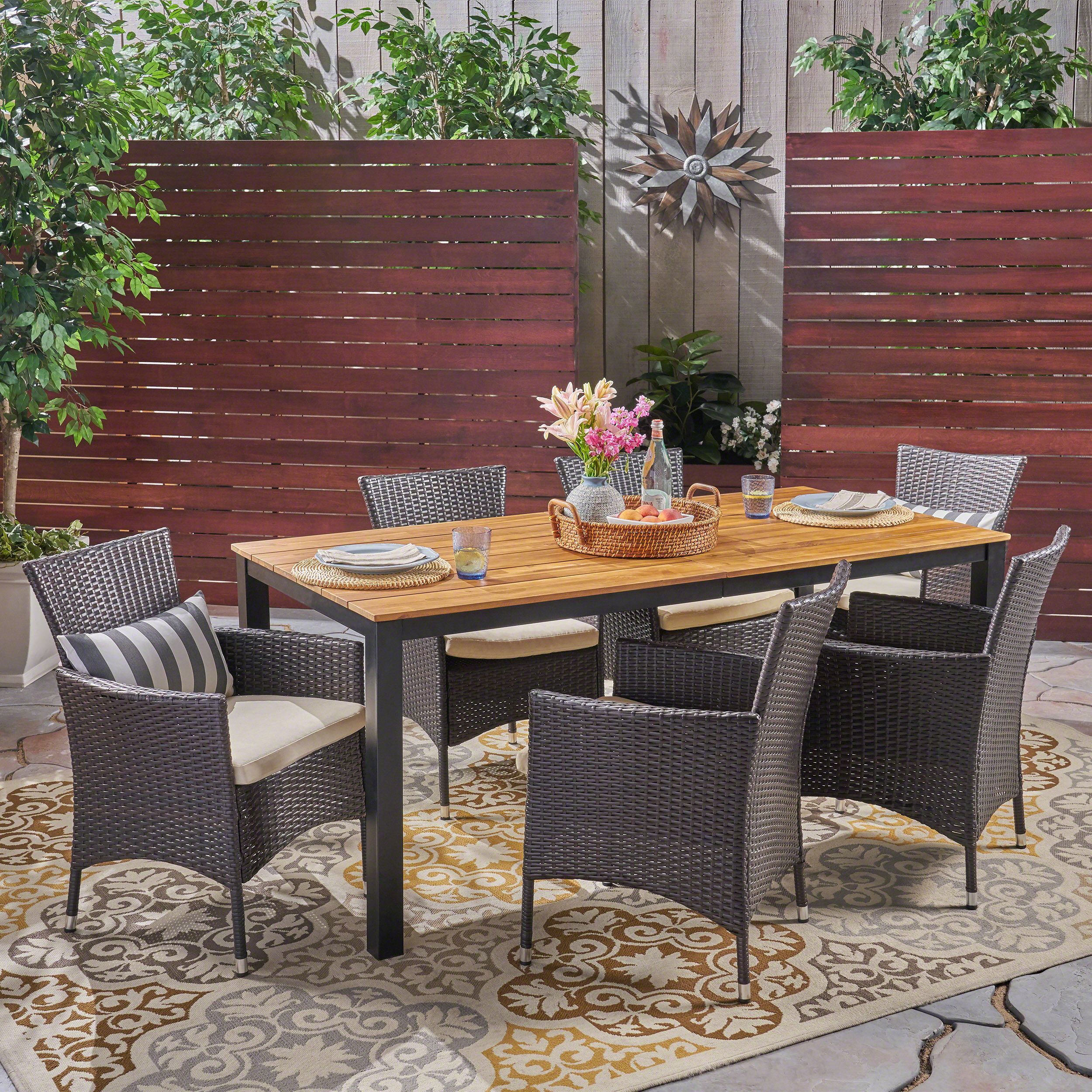 Vienna Outdoor 7 Piece Acacia Wood Dining Set With Wicker Chairs And With Brown Acacia Patio Dining Sets (View 6 of 15)