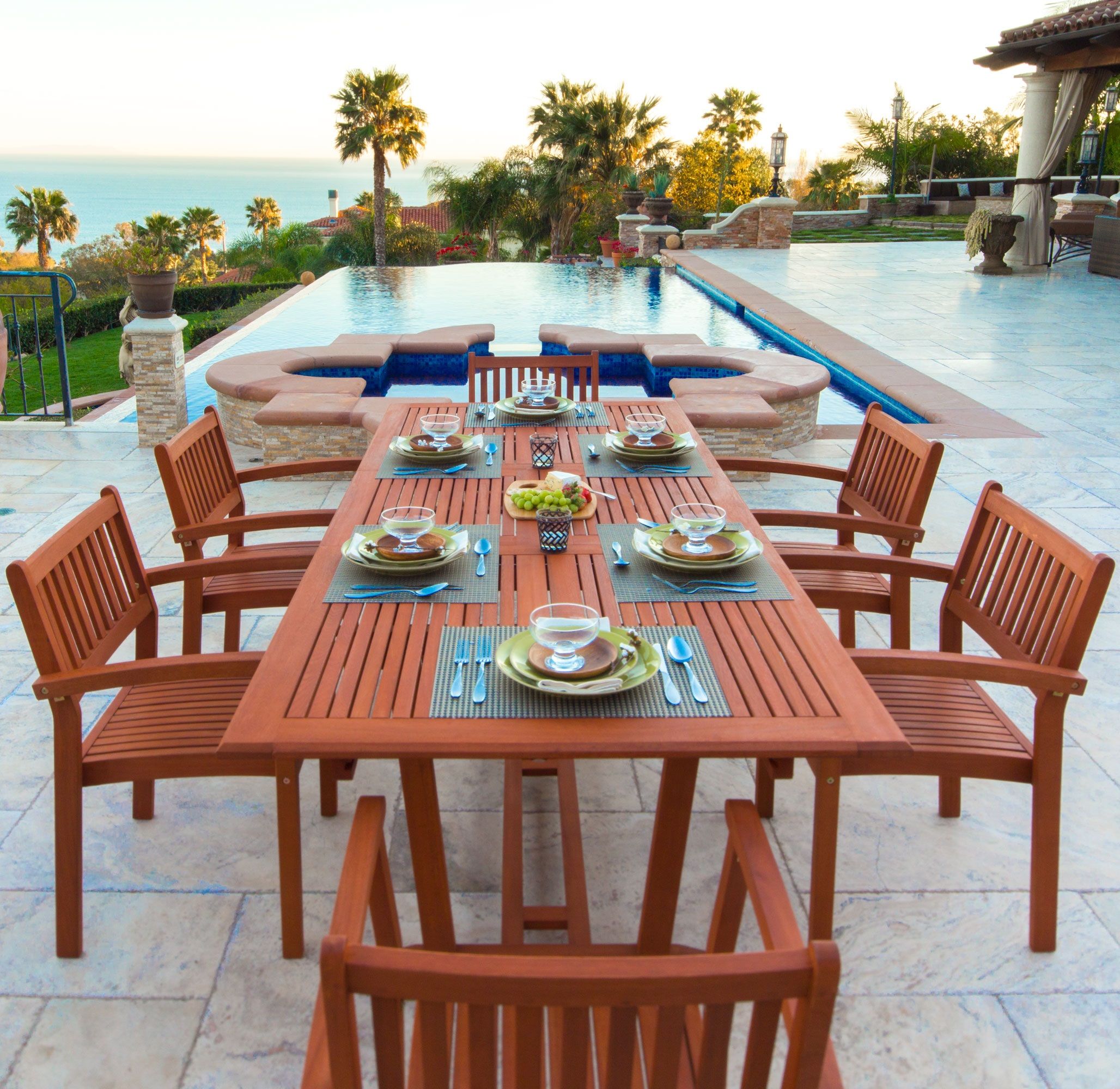 Vifah Malibu Outdoor 7 Piece Wood Patio Dining Set W Table & Stacking With 7 Piece Large Patio Dining Sets (View 1 of 15)