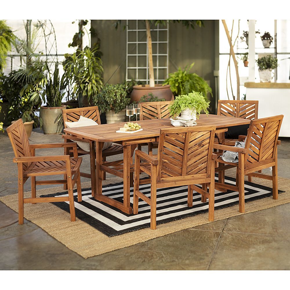 Walker Edison 7 Piece Windsor Acacia Wood Extendable Patio Dining Set For Extendable 7 Piece Patio Dining Sets (View 7 of 15)