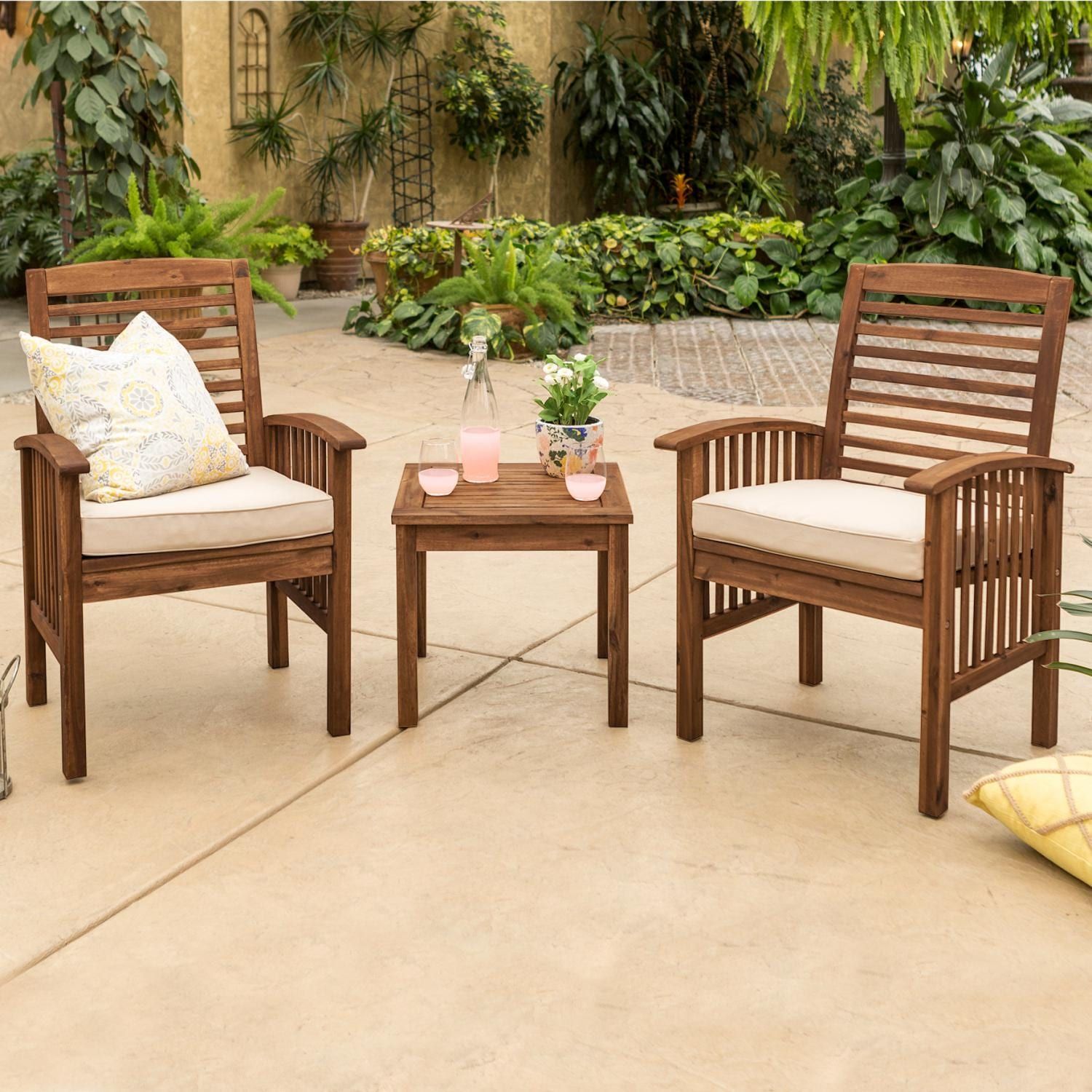 Walker Edison Midland 3 Piece Dark Brown Acacia Patio Conversation Set Throughout Brown Acacia Patio Chairs With Cushions (View 4 of 15)