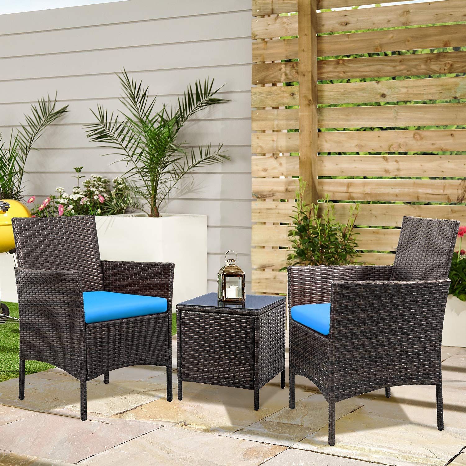 Walnew 3 Pcs Outdoor Patio Furniture Pe Rattan Wicker Table And Chairs Pertaining To Blue And Brown Wicker Outdoor Patio Sets (View 4 of 15)