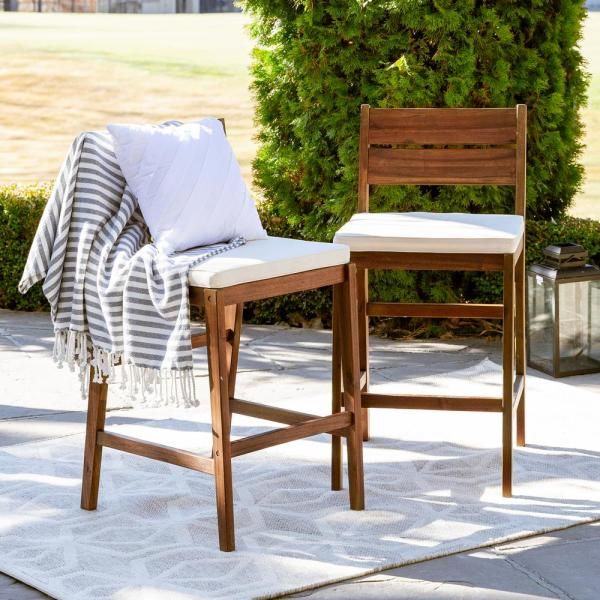 Welwick Designs Dark Brown Acacia Wood Patio Outdoor Bar Stools With In Brown Acacia Patio Chairs With Cushions (View 9 of 15)