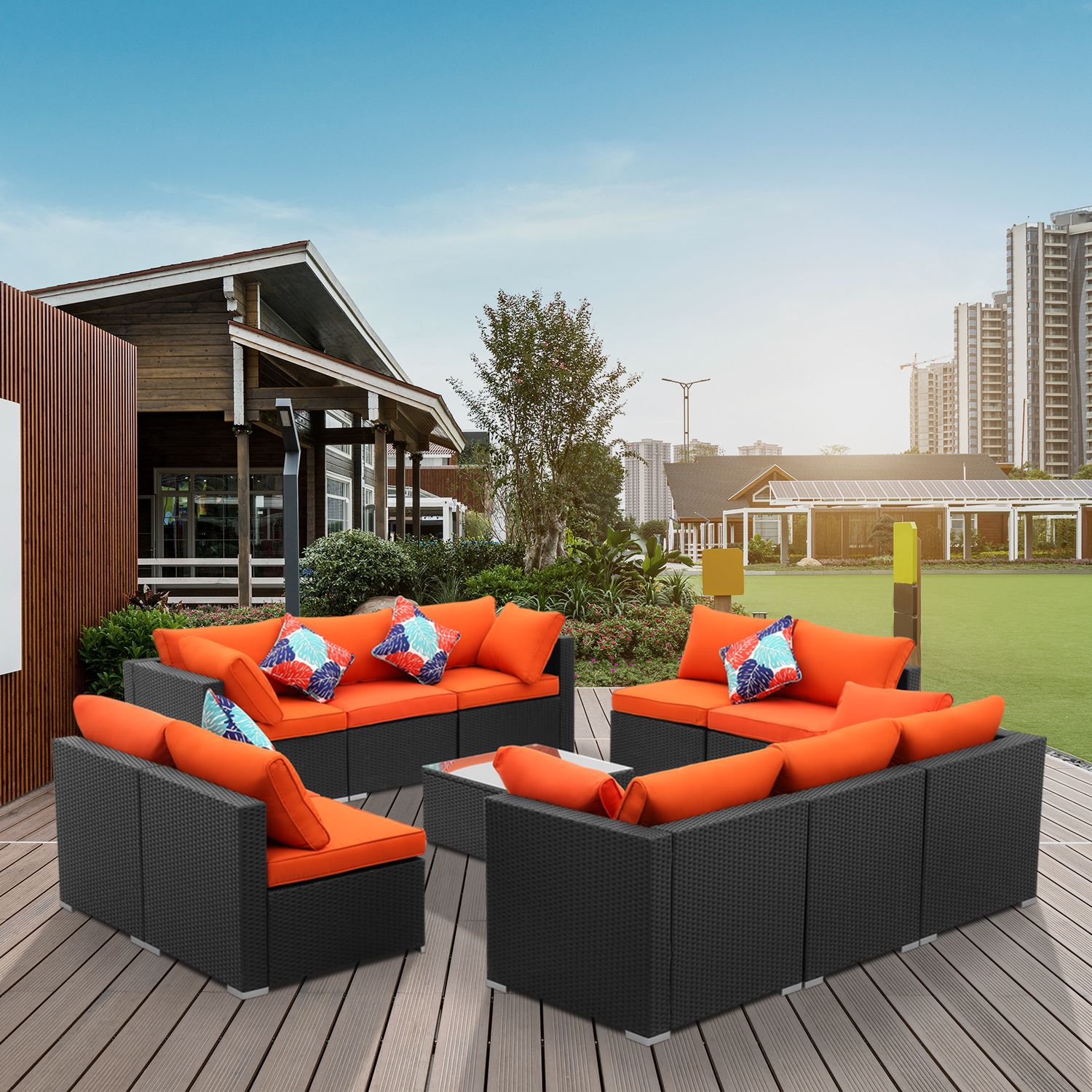 Wesfital Patio Furniture 11 Pieces Rattan Wicker Sectional Sofa Seating Within Outdoor Wicker Orange Cushion Patio Sets (View 5 of 15)