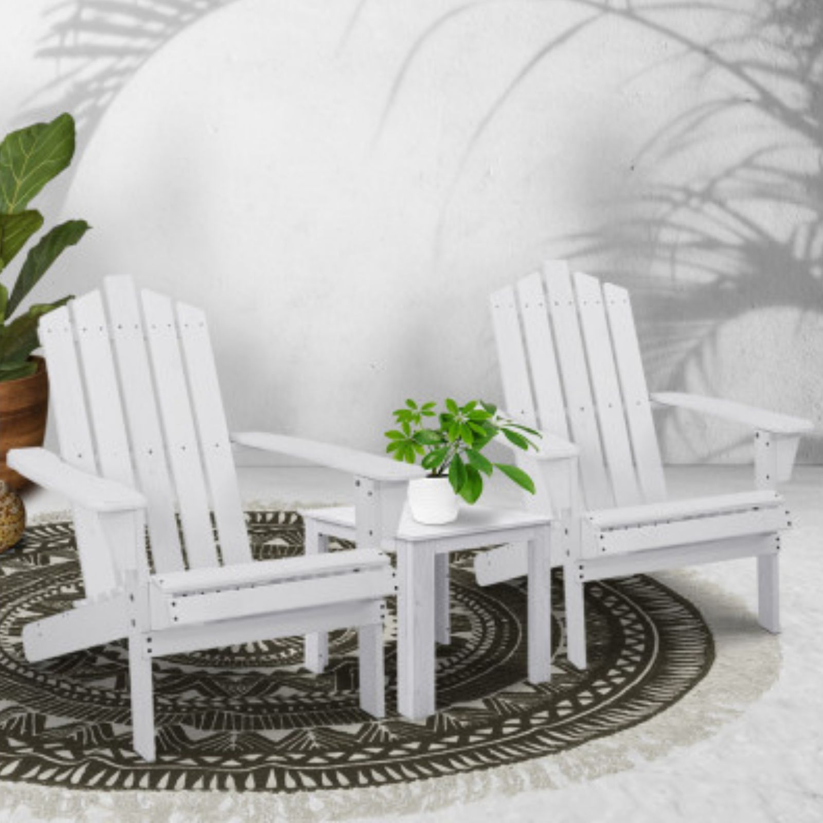 White Adirondack Cape Cod Outdoor Wooden Chairs Pair Side Table 3Pc Set With White Wood Soutdoor Seating Sets (View 5 of 15)