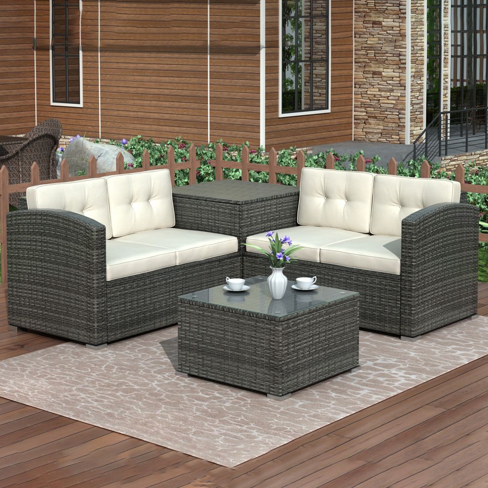 Wicker Bistro Patio Sets, 4 Piece Rattan Patio Sofa Furniture, Loveseat Intended For Wicker Beige Cushion Outdoor Patio Sets (View 3 of 15)