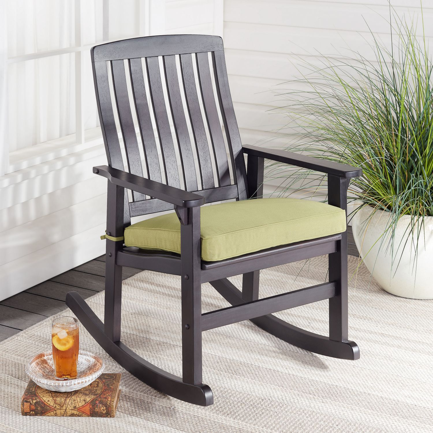 Wood Rocking Chair Durable Furniture Unit Dark Brown Framed Cushioned Within Dark Brown Wood Outdoor Chairs (View 1 of 15)