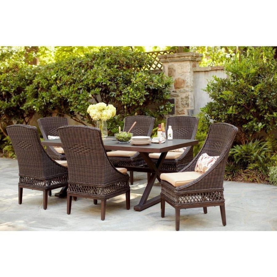 Woodbury 7Pc Patio Brown Wicker Dining Set With Regard To 7 Piece Small Patio Dining Sets (View 7 of 15)