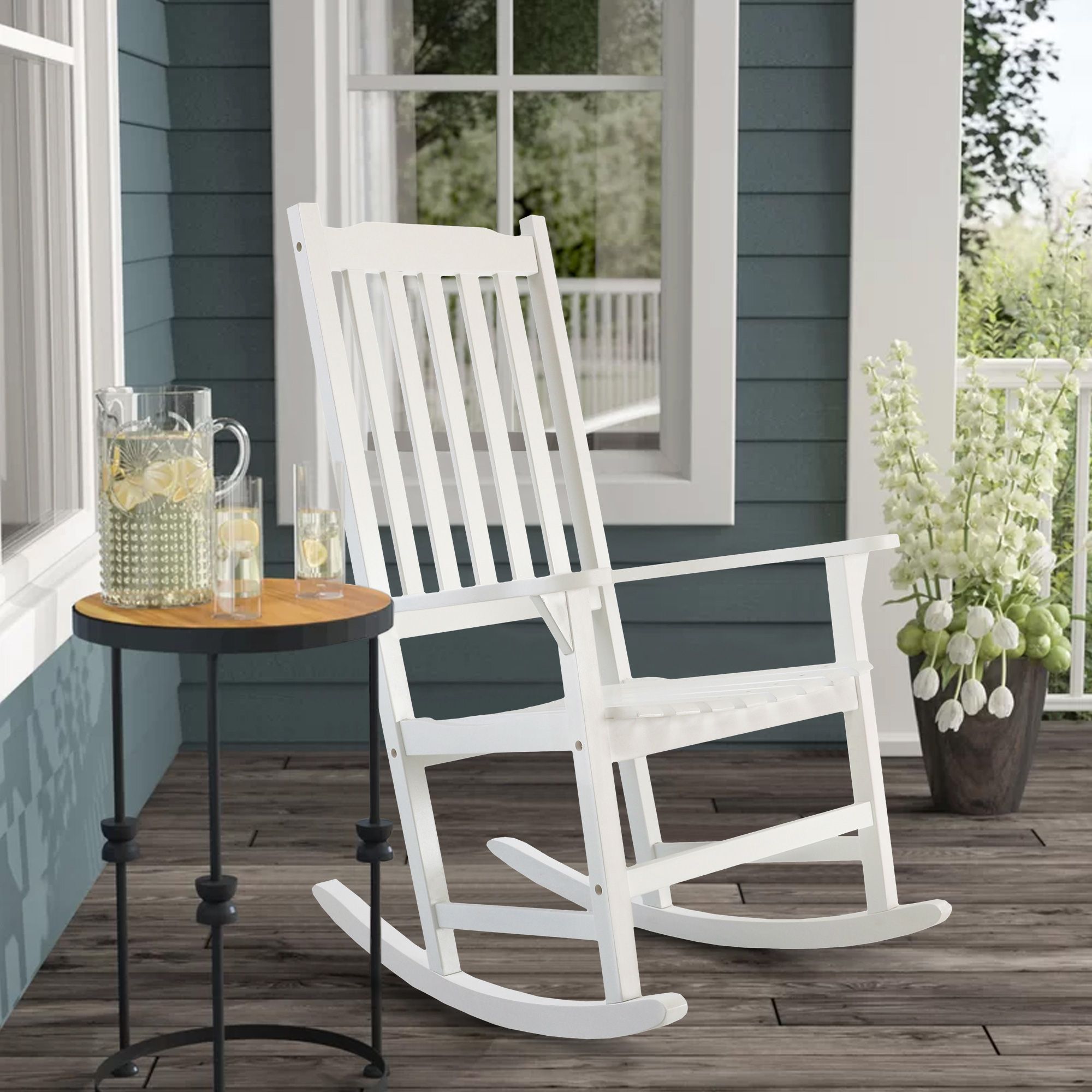Wooden Rocking Chair, White Rocking Chair Patio Furniture, Outdoor Pertaining To White Wood Soutdoor Seating Sets (View 6 of 15)