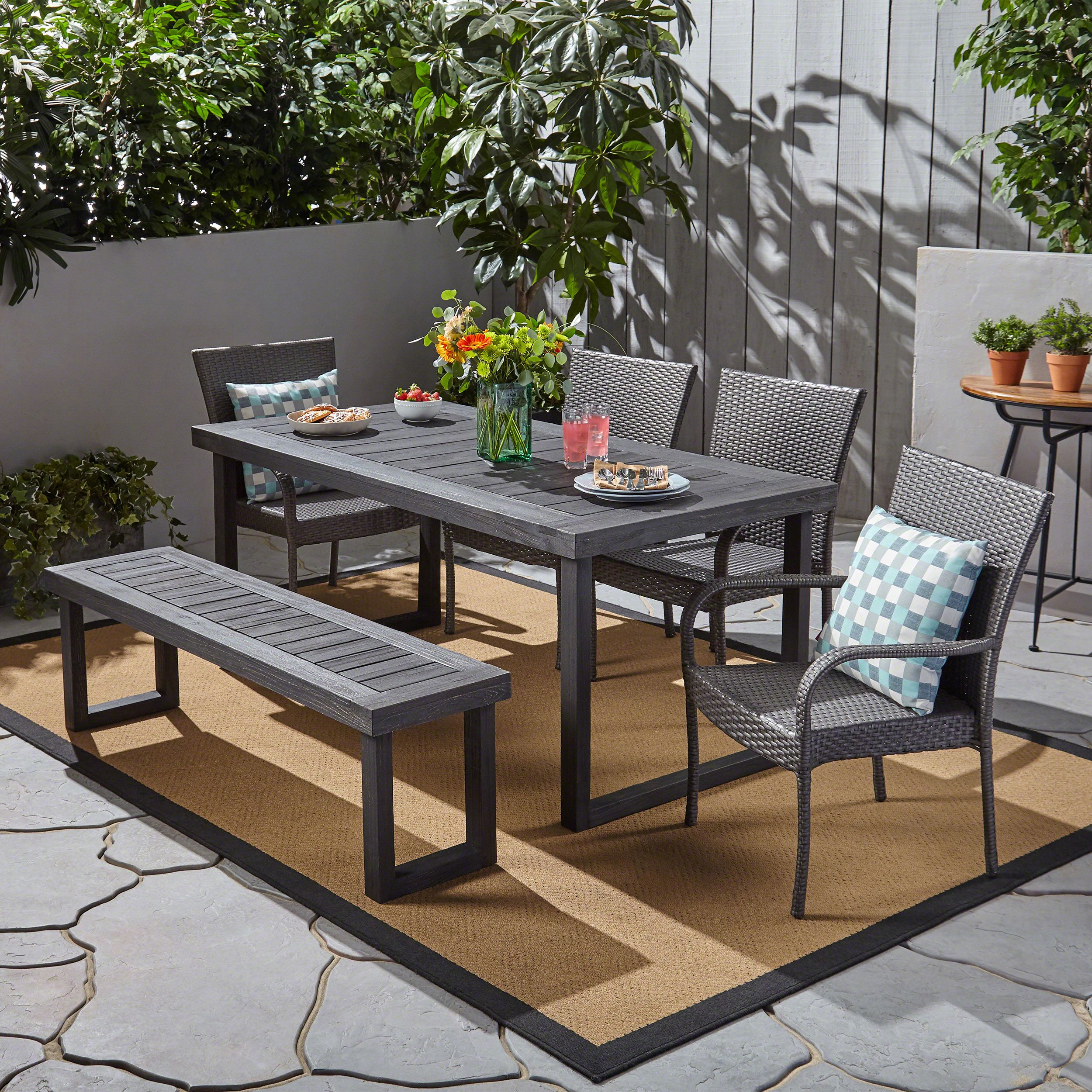 Zoe Outdoor 6 Piece Acacia Wood Dining Set With Bench And Wicker Throughout Dark Wood Outdoor Chairs (View 1 of 15)
