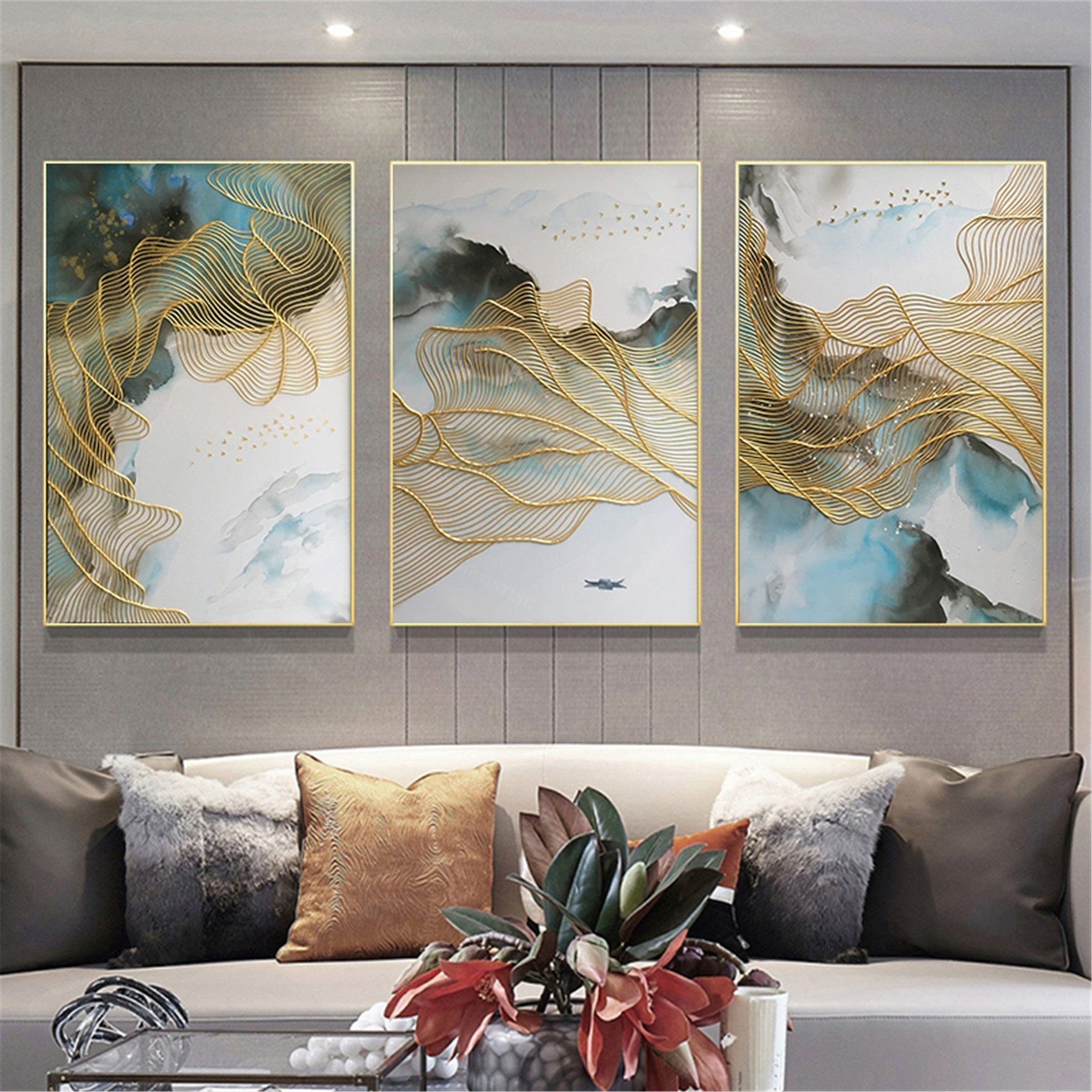 3 Pieces Gold Lines Abstract Painting On Canvas Framed Wall – Etsy Throughout Abstract Flow Wall Art (View 12 of 15)