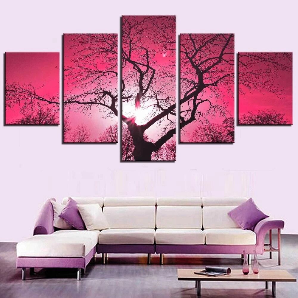 5 Pieces Pink Sky Canvas Painting Big Tree Wallpapers Romantic Color  Posters Autumn Picture For Home Room Decor Modern Wall Art|Painting &  Calligraphy| – Aliexpress Intended For Pink Sky Wall Art (View 10 of 15)