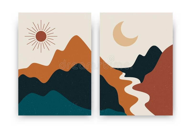 Abstract Contemporary Landscape Posters. Modern Boho Background Set With Sun  Moon Mountains, Minimalist Wall Decor (View 2 of 15)