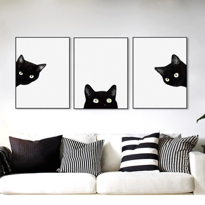 Abstract Cute Black Cat Wall Art Paintings 3 Pieces Modern Modular Pictures Wall  Decor For Living Room Watercolor Wall Pictures – Cdiscount Maison Pertaining To Cats Wall Art (View 2 of 15)