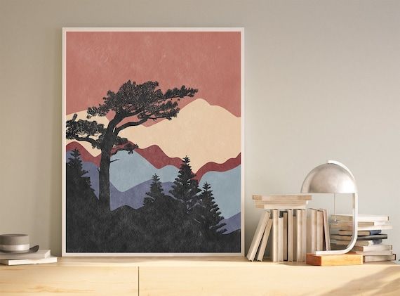 Abstract Mountain Print Mid Century Modern Terracotta Blue – Etsy With Abstract Terracotta Landscape Wall Art (View 4 of 15)