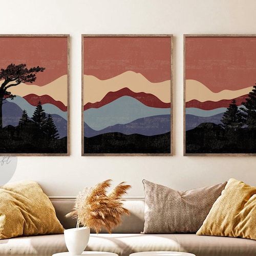 Abstract Mountain Print Set Of 3 Prints Mid Century Modern – Etsy Inside Abstract Terracotta Landscape Wall Art (View 2 of 15)