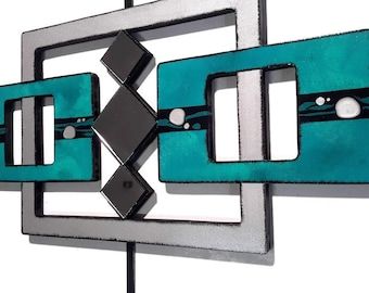 Abstract Teal Silver And Black Wood Wall Art Mirror And – Etsy Pertaining To Dark Teal Wood Wall Art (View 5 of 15)
