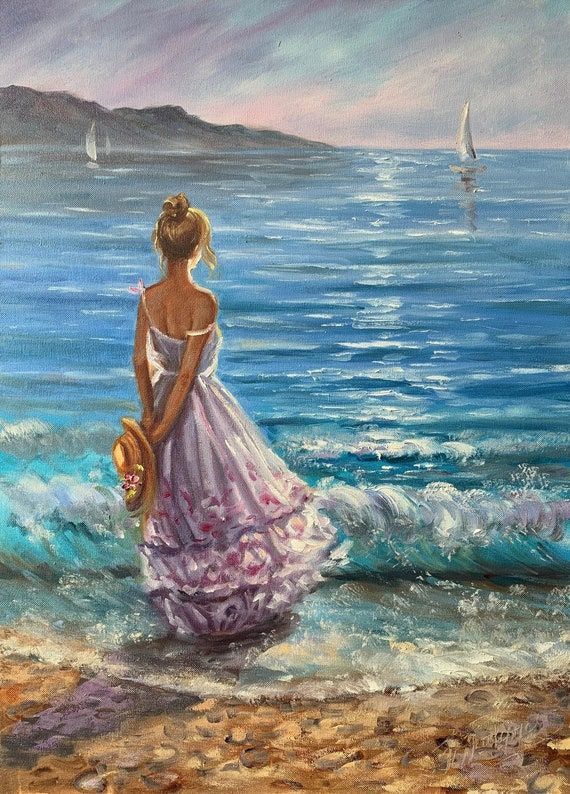 Beach Girl Oil Painting Womanthe Ocean Wall Art Romantic – Etsy In 2022  | Sea Painting, Oil Painting Woman, Painting Of Girl Throughout Oil Painting Wall Art (View 13 of 15)