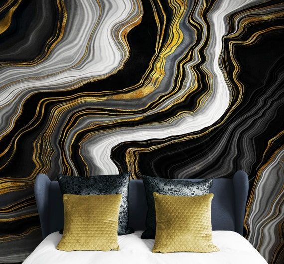 Black And Gold Abstract Marble Stone Pattern Wall Mural (View 6 of 15)