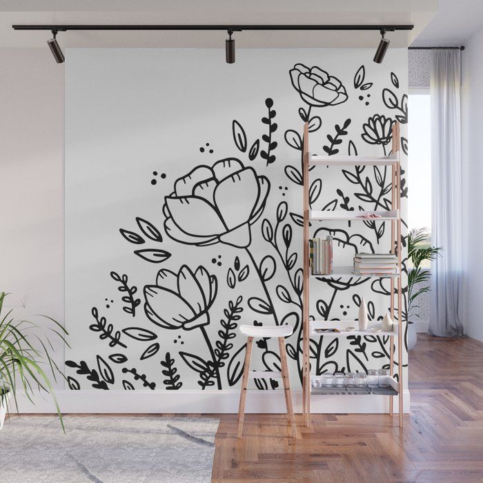 Black And White Floral Drawing Wall Muralbigmomentsdesign | Society6 Regarding Floral Illustration Wall Art (View 13 of 15)