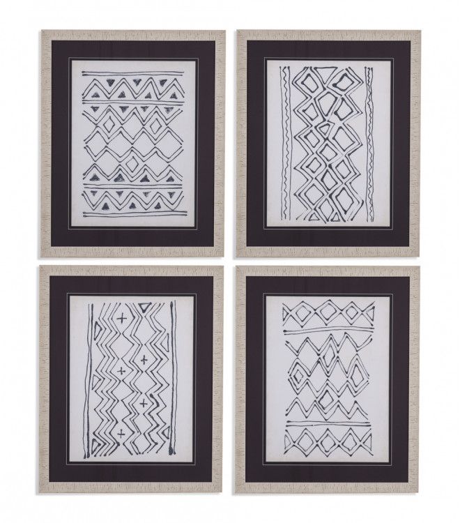 Black & White Tribal Design Framed Under Glass 4Pc Wall Art Throughout Tribal Pattern Wall Art (View 10 of 15)