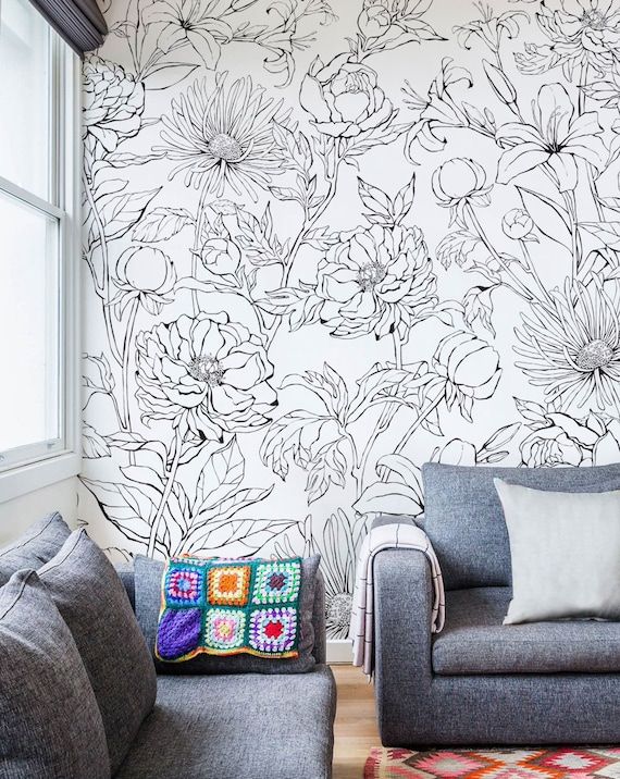 Botanical Garden Hand Drawn Flowers Accent Mural Wallpaper – Etsy With Hand Drawn Wall Art (View 1 of 15)
