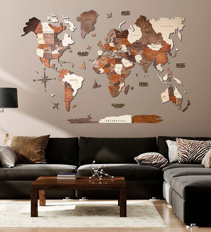 Buy 3D World Map Wooden Wall Art  M Sizewoodsify Online – Wooden Wall  Art – Wall Art – Home Decor – Pepperfry Product For Orange Wood Wall Art (View 13 of 15)
