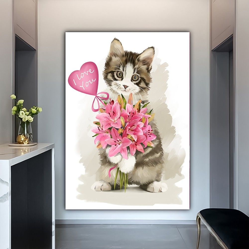 Cat And Flowers, Cute Cat Canvas, Cat Wall Art, Cat Canvas, Cat Poster, Cat  Painting, Cat Wall Decor, Animal Wall Art, Animal Canvas Throughout Cats Wall Art (View 12 of 15)