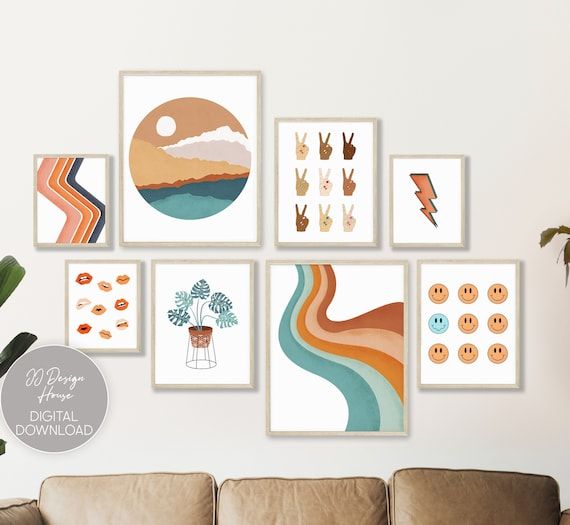 Colorful Wall Art Gallery Wall Set Retro Prints Wall Art – Etsy France Within Retro Art Wall Art (View 1 of 15)