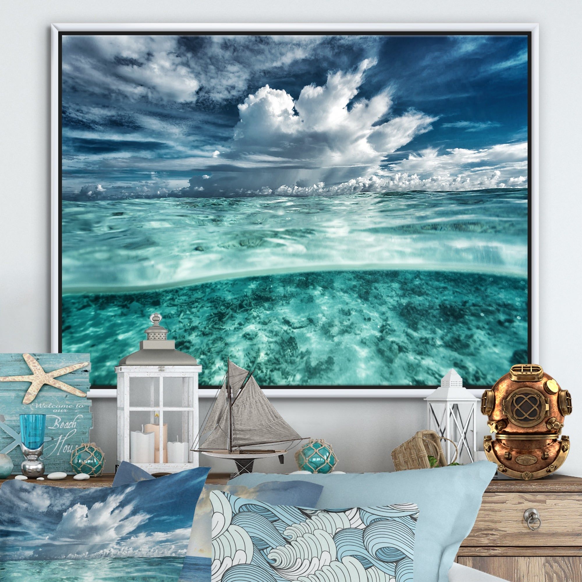 Designart 'Amazing Underwater Seascape And Clouds' Nautical &  Coastal Framed Canvas Wall Art Print – Overstock – 32594998 Intended For Underwater Wall Art (View 8 of 15)