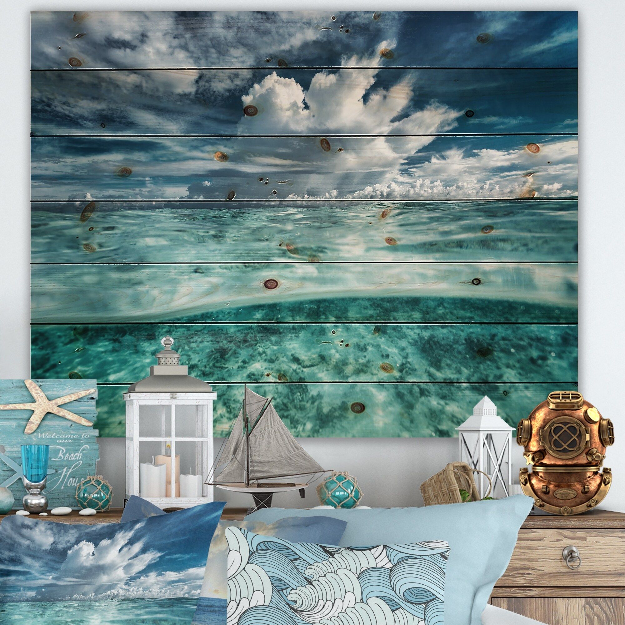 Designart 'Amazing Underwater Seascape And Clouds' Nautical &  Coastal Print On Natural Pine Wood – Overstock – 32610481 Pertaining To Underwater Wood Wall Art (View 13 of 15)